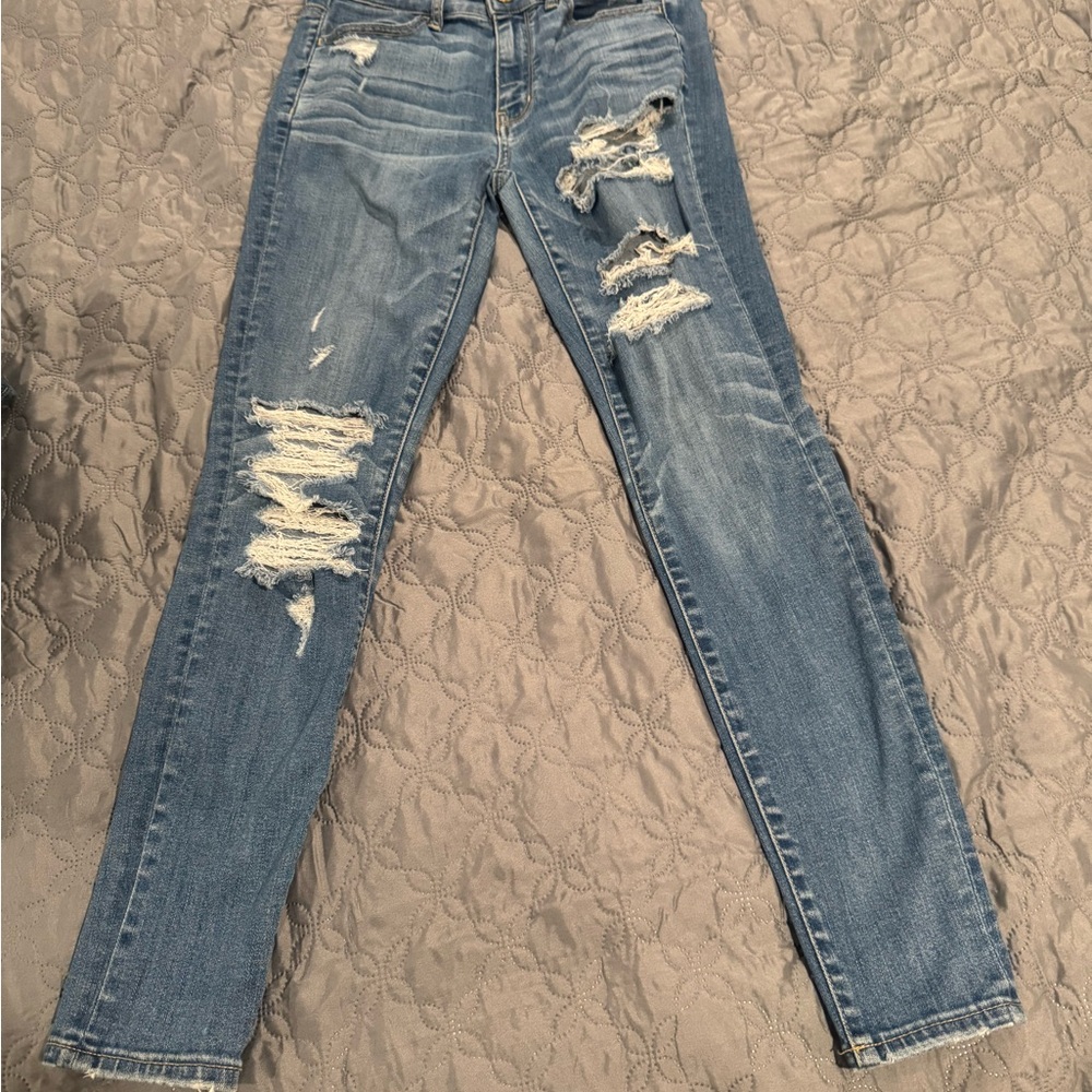 American Eagle Outfitters Blue Skinny Jeans with Distressed Details